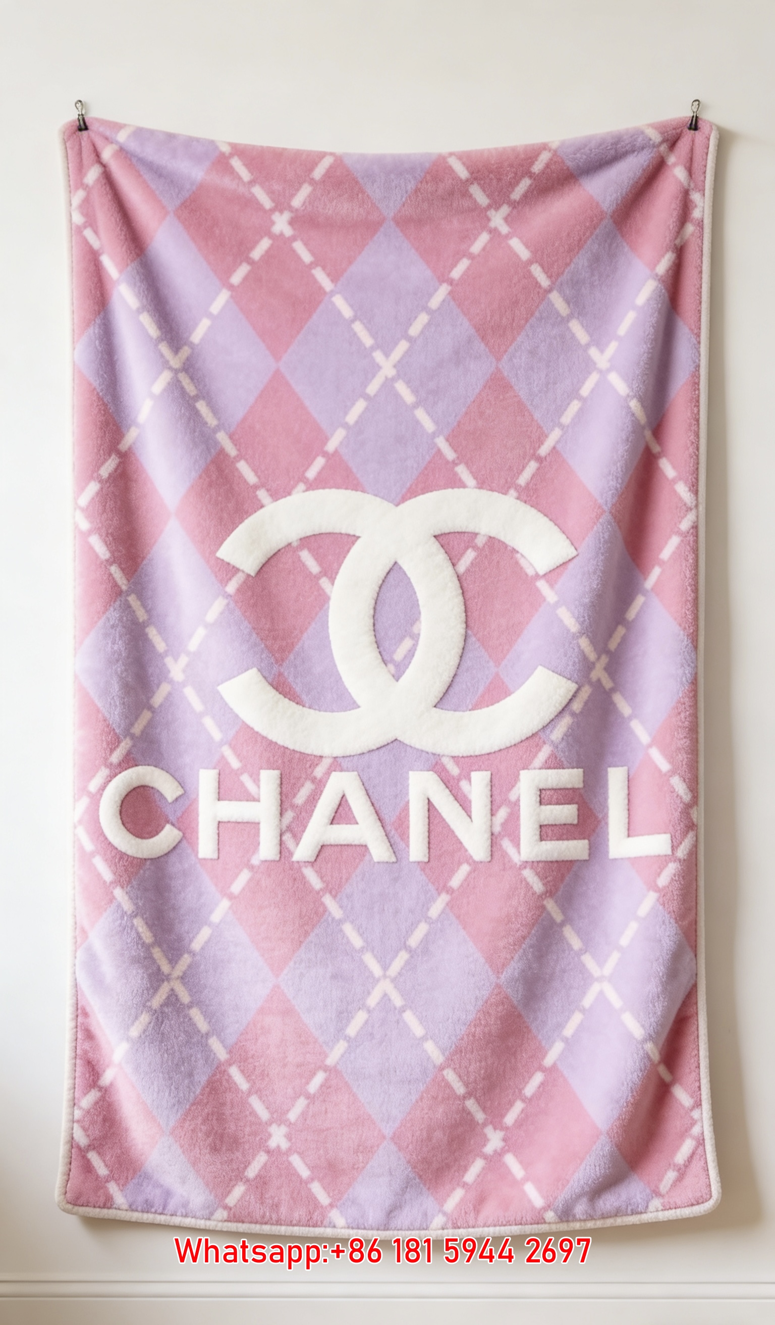 Chanel Pink & Purple Argyle CC Logo Flannel Throw Blanket IMG_7088